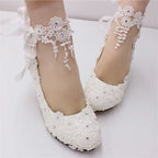 Exquisite White Lace & Pearls 8cm Heel Wedding Lolita Shoes