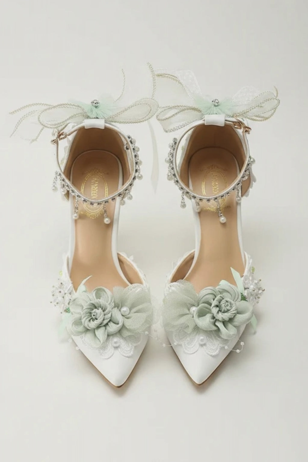 Exquisite Stiletto Pumps Wedding Shoes with Green Flowers