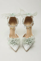 Exquisite Stiletto Pumps Wedding Shoes with Green Flowers