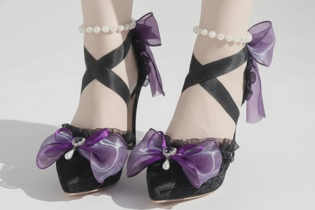 Black Y2K Lolita High Heel Shoes with Purple Bows & Pearl Strap