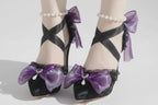 Black Y2K Lolita High Heel Shoes with Purple Bows & Pearl Strap