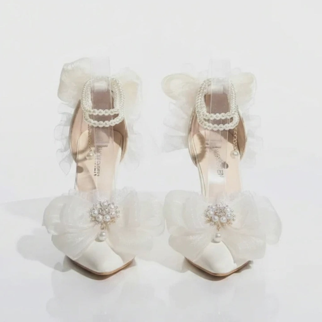 Elegant White Satin Wedding Lolita Shoes with Pearl Strap